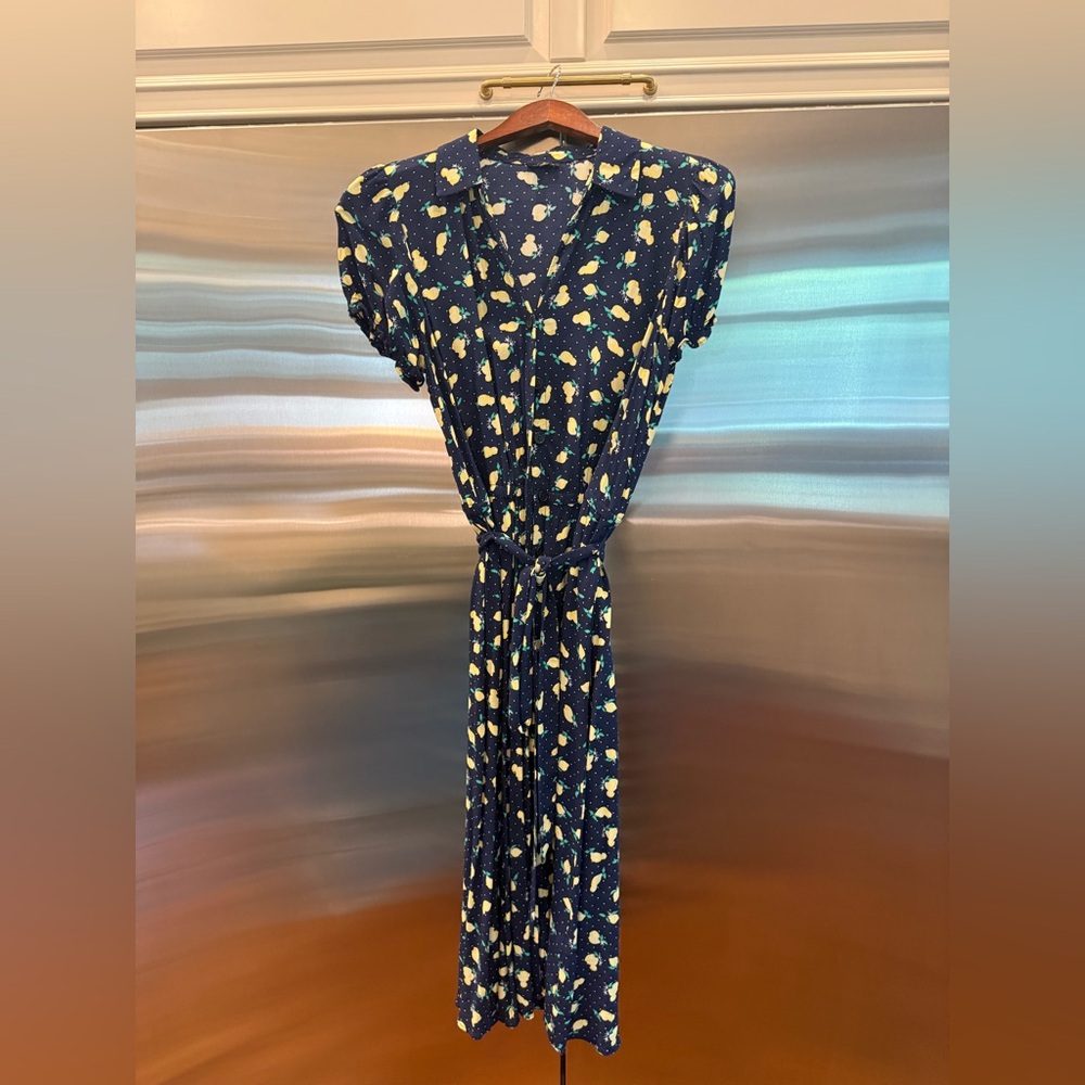 Talbots Navy Maxi Shirt Dress with Yellow Lemon Print